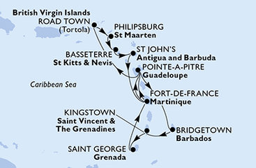 Barbados, Svatý Vincenc a Grenadiny, Grenada, Martinik, Guadeloupe, Britské Panenské ostrovy, Svatý Martin, Svatý Kryštof a Nevis, Antigua a Barbuda z Bridgetownu na lodi MSC Virtuosa