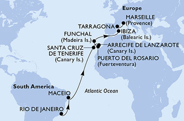 Brazílie, Španělsko, Portugalsko, Francie z Rio de Janeira na lodi MSC Splendida