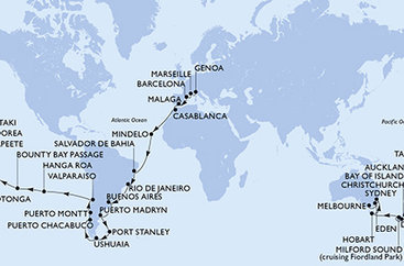 Itálie, Francie, Španělsko, Maroko, Kapverdy, Brazílie, Argentina, Zámořské území Velké Británie, Chile, Francouzská Polynésie, Cookovy ostrovy, Nový Zéland, Austrálie z Janova na lodi MSC Magnifica