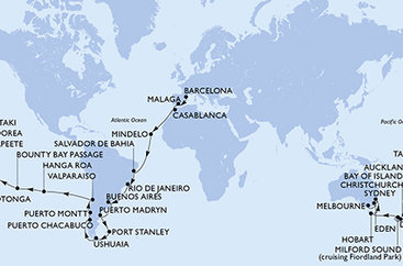 Španělsko, Maroko, Kapverdy, Brazílie, Argentina, Zámořské území Velké Británie, Chile, Francouzská Polynésie, Cookovy ostrovy, Nový Zéland, Austrálie z Barcelony na lodi MSC Magnifica