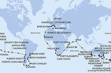 Argentina, Zámořské území Velké Británie, Chile, Francouzská Polynésie, Cookovy ostrovy, Nový Zéland, Austrálie, Maledivy, Seychely, Madagaskar, Jihoafrická republika, Namibie, Senegal, Španělsko, Itálie, Francie z Buenos Aires na lodi MSC Magnifica