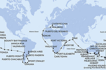 Argentina, Zámořské území Velké Británie, Chile, Francouzská Polynésie, Cookovy ostrovy, Nový Zéland, Austrálie, Maledivy, Seychely, Madagaskar, Jihoafrická republika, Namibie, Senegal, Španělsko, Itálie z Buenos Aires na lodi MSC Magnifica