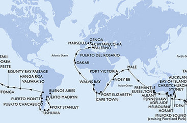 Argentina, Zámořské území Velké Británie, Chile, Francouzská Polynésie, Cookovy ostrovy, Nový Zéland, Austrálie, Maledivy, Seychely, Madagaskar, Jihoafrická republika, Namibie, Senegal, Španělsko, Itálie, Francie z Buenos Aires na lodi MSC Magnifica