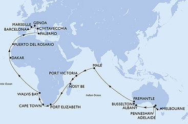 Austrálie, Maledivy, Seychely, Madagaskar, Jihoafrická republika, Namibie, Senegal, Španělsko, Itálie, Francie z Melbournu na lodi MSC Magnifica