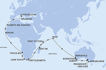 Austrálie, Maledivy, Seychely, Madagaskar, Jihoafrická republika, Namibie, Senegal, Španělsko, Itálie z Melbournu na lodi MSC Magnifica