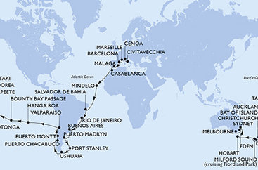 Itálie, Francie, Španělsko, Maroko, Kapverdy, Brazílie, Argentina, Zámořské území Velké Británie, Chile, Francouzská Polynésie, Cookovy ostrovy, Nový Zéland, Austrálie z Civitavecchia na lodi MSC Magnifica