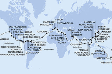 Francie, Španělsko, Portugalsko, Barbados, Grenada, Bonaire, Curacao, Kolumbie, Kostarika, Panama, Nikaragua, Guatemala, Mexiko, USA, Samoa, Fidži, Nový Zéland, Austrálie, Filipíny, Tchaj-wan, Japonsko, Jižní Korea, Čína, Vietnam, Singapur, Malajsie, Srí Lanka, Spojené arabské emiráty, Omán, Jordánsko, Egypt, Řecko, Itálie z Marseille na lodi MSC Magnifica