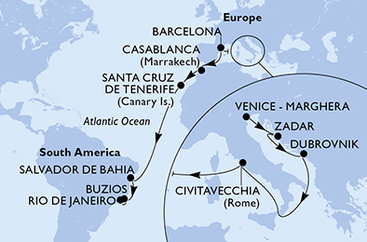 Itálie, Chorvatsko, Španělsko, Maroko, Brazílie z Benátek na lodi MSC Armonia