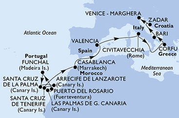 Španělsko, Portugalsko, Maroko, Itálie, Řecko, Chorvatsko z Las Palmas na lodi MSC Opera