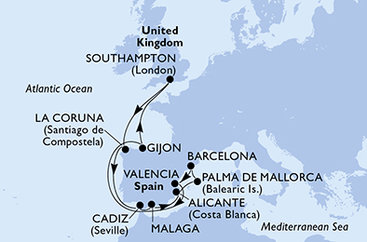 Velká Británie, Španělsko ze Southamptonu na lodi MSC Virtuosa