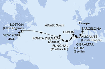 Španělsko, Velká Británie, Portugalsko, USA z Barcelony na lodi MSC Meraviglia