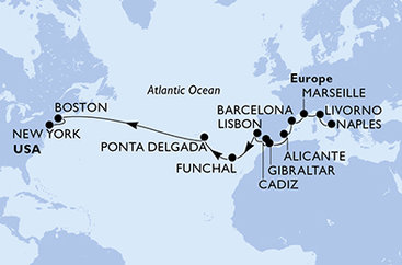 Itálie, Francie, Španělsko, Velká Británie, Portugalsko, USA z Neapole na lodi MSC Meraviglia