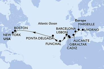 Itálie, Francie, Španělsko, Velká Británie, Portugalsko, USA z Livorna na lodi MSC Meraviglia