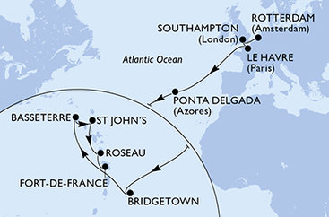 Nizozemsko, Velká Británie, Francie, Portugalsko, Barbados, Svatý Kryštof a Nevis, Antigua a Barbuda, Dominika, Martinik z Rotterdamu na lodi MSC Virtuosa