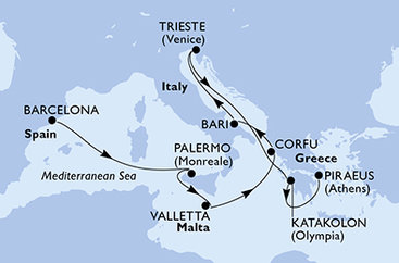 Španělsko, Itálie, Malta, Řecko z Barcelony na lodi MSC Fantasia