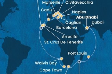 Spojené arabské emiráty, Mauricius, Jihoafrická republika, Namibie, Španělsko, Itálie, Francie z Abu Dhabi na lodi Costa Toscana