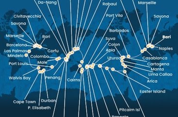 Itálie, Francie, Španělsko, Maroko, Barbados, Kolumbie, Panama, Ekvádor, Peru, Chile, Zámořské území Velké Británie, Francouzská Polynésie, Zámořské společenství Francie, Samoa, Tonga, Fidži, Vanuatská republika, Nová Kaledonie, Austrálie, Papua Nová Guinea, Japonsko, Jižní Korea, Tchaj-wan, Čína, Vietnam, Singapur, Malajsie, Srí Lanka, Maledivy, Mauricius, Jihoafrická republika, Namibie, Kapverdy, Řecko z Bari na lodi Costa Deliziosa