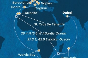 Spojené arabské emiráty, Mauricius, Jihoafrická republika, Namibie, Španělsko, Itálie, Francie z Dubaje na lodi Costa Toscana