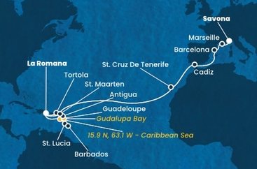 Dominikánská republika, Svatá Lucie, Barbados, Guadeloupe, Zámořské společenství Francie, Antigua a Barbuda, Britské Panenské ostrovy, Svatý Martin, Španělsko, Francie, Itálie z La Romany na lodi Costa Fascinosa