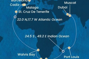 Francie, Španělsko, Namibie, Jihoafrická republika, , Mauricius, Omán, Spojené arabské emiráty z Marseille na lodi Costa Toscana