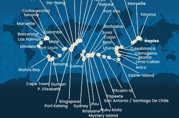Itálie, Francie, Španělsko, Maroko, Barbados, Kolumbie, Panama, Ekvádor, Peru, Chile, Zámořské území Velké Británie, Francouzská Polynésie, Zámořské společenství Francie, Samoa, Tonga, Fidži, Vanuatská republika, Nová Kaledonie, Austrálie, Papua Nová Guinea, Japonsko, Jižní Korea, Tchaj-wan, Čína, Vietnam, Singapur, Malajsie, Srí Lanka, Maledivy, Mauricius, Jihoafrická republika, Namibie, Kapverdy z Neapole na lodi Costa Deliziosa