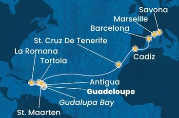 Guadeloupe, Zámořské společenství Francie, Antigua a Barbuda, Britské Panenské ostrovy, Dominikánská republika, Svatý Martin, Španělsko, Francie, Itálie z Pointe-à-Pitre, Guadeloupe na lodi Costa Fascinosa