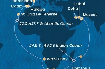 Itálie, Francie, Španělsko, Namibie, Jihoafrická republika, , Mauricius, Omán, Spojené arabské emiráty, Katar ze Savony na lodi Costa Toscana