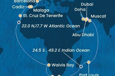 Itálie, Francie, Španělsko, Namibie, Jihoafrická republika, , Mauricius, Omán, Spojené arabské emiráty, Katar ze Savony na lodi Costa Toscana