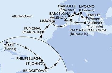 USA, Svatý Martin, Antigua a Barbuda, Barbados, Portugalsko, Španělsko, Itálie, Francie z Miami na lodi MSC Seaside