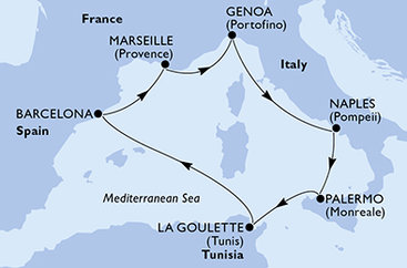 Itálie, Tunisko, Španělsko, Francie z Neapole na lodi MSC Fantasia