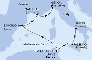 Itálie, Tunisko, Španělsko, Francie z Neapole na lodi MSC Fantasia