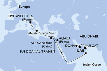 Katar, Spojené arabské emiráty, Omán, Jordánsko, Egypt, Itálie z Dohy na lodi MSC Euribia